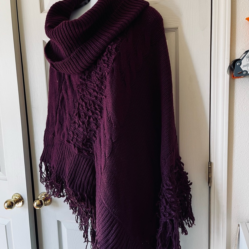 IC COLLECTION  Cowl_neck Deep Burgundy Knit Poncho